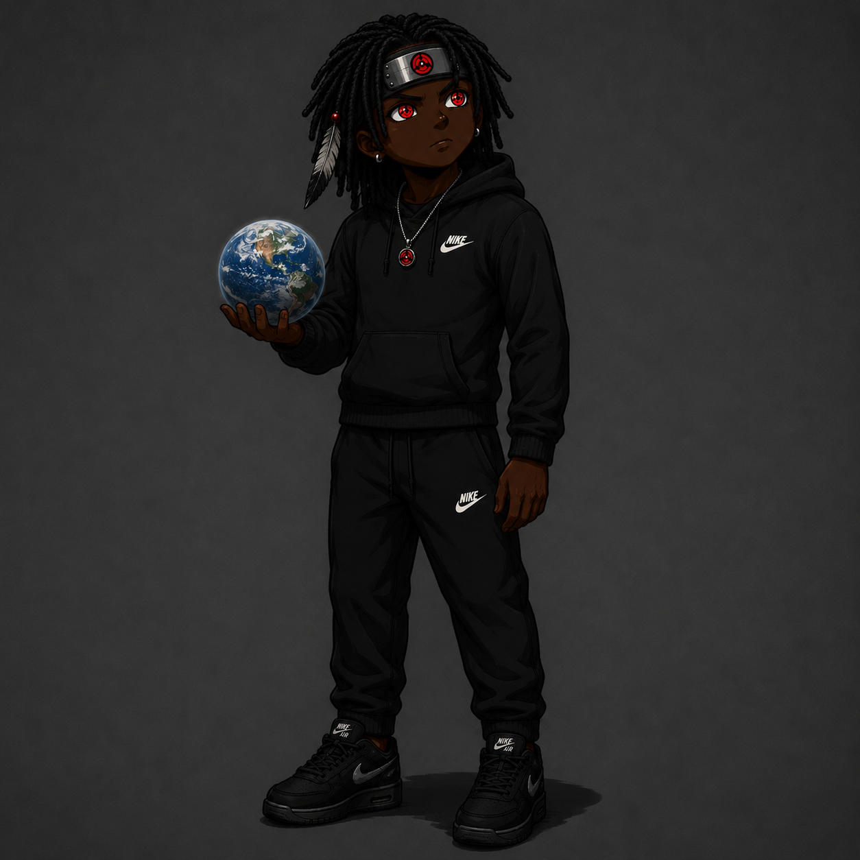 Itach! character portrait — sharingan eyes, holding the earth